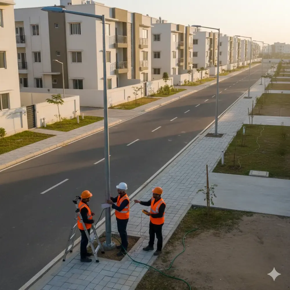 Municipal street light pole installation and LED illumination